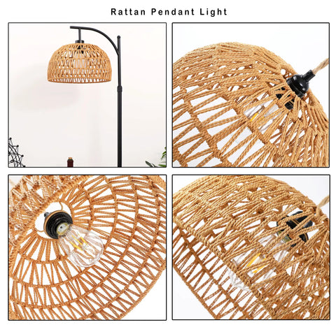 Rattan Floor Lamp With Remote For Living Room And Bedroom Boho Chic Dimmable Standing Lamp With Wicker Handcrafted Bamboo Shade Black Industrial Modern Tall Lamp For Farmhouse Rustic Style
