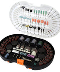 All In One 327 Piece Rotary Tool Accessory Kit With Carrying Case showcasing assorted sanding, carving, and polishing bits neatly arranged.