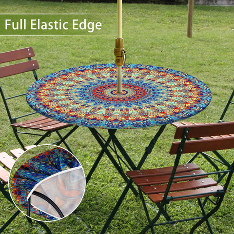 Round Outdoor Tablecloth With Umbrella Hole Waterproof Oilproof Fitted Elastic Zippered Cover For Patio Garden Picnic Camping Blue 48 Inches Round Table Protector That Stays Put No Fuss