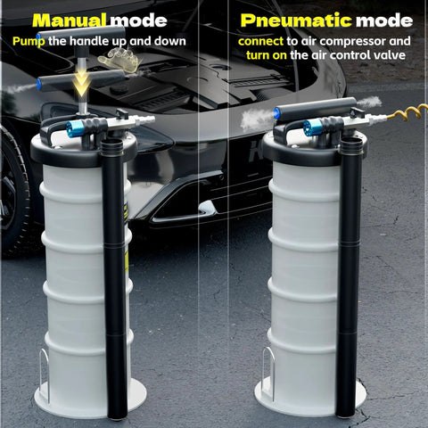 Garage Ready 6.5 Liter Manual And Pneumatic Oil Fluid Extractor Pump displaying manual and pneumatic modes for fluid extraction.
