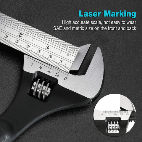 Close-up of Three Piece Adjustable Spud Wrench Set with 8 Inch 10 Inch and 12 Inch Sizes Black Oxide Finish showing laser scale.