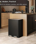 Dual Compartment Trash And Recycling Bin In Black Stainless Steel, 60L Capacity, 30L Each, Independent Lids And Pedals in kitchen