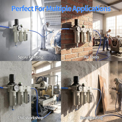 Badass High Flow 3/4 Inch NPT Air Compressor Dryer System With Three Stage Coalescing Filtration and Water Separator Regulator for various applications.