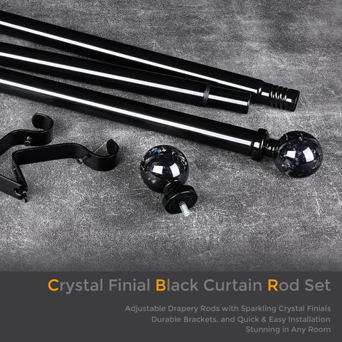 Heavy Duty Black Curtain Rod For Windows 48 To 84 Inches, 1 Inch Adjustable Drapery Rod With Crystal Ball Finials, set on gray surface