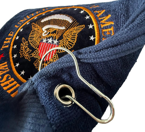 Great Again Golf Set With Presidential Seal Balls And Embroidered Towel, navy towel featuring the embroidered Presidential Seal