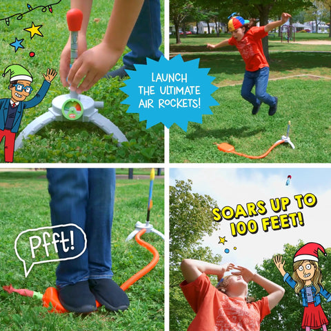 Air Rocket Launch Kit For Kids Ages 4 And Up To 100 Feet With Realistic Sound Effects Stomp And Blast And Learn Outdoor STEM Toy Comes With Companion Audio Content And Bonus Reusable Science Tool. Child stomps launcher in park