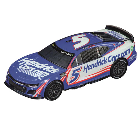 Electric Powered Slot Car Racing Set With 2 Hand Controllers And 2 Cars In 1 To 43 Scale For Kids Featuring NASCAR Watkins Glen Duel On A Realistic Track - blue race car model