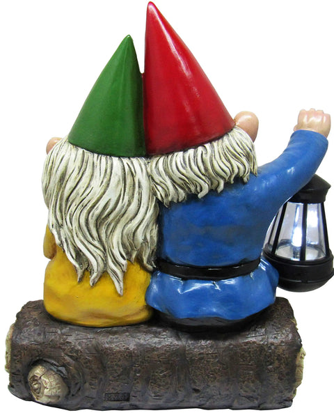 Light Of Our Love Gnome Couple Solar Lantern Statue Cute Outdoor Yard Decor Sitting On Log With Yellow And Blue Lights Sun Powered Garden Accent For Patio Or Lawn, back view of gnomes with lantern