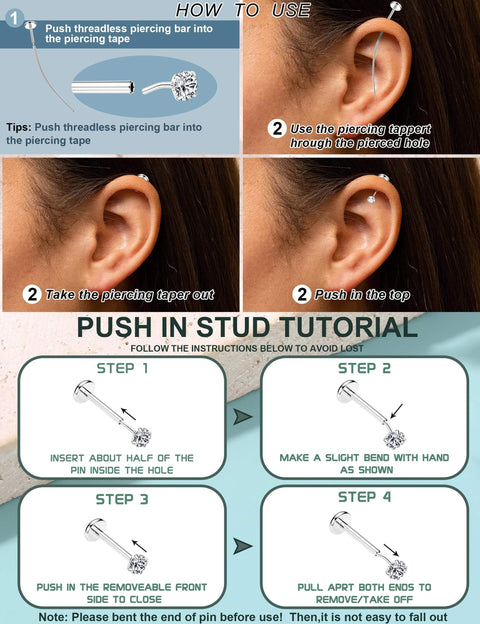 Installation instructions for Dope Threadless Nose Ring Set In 14K Gold Filled, 20G 18G 16G, showing each step with images and text.
