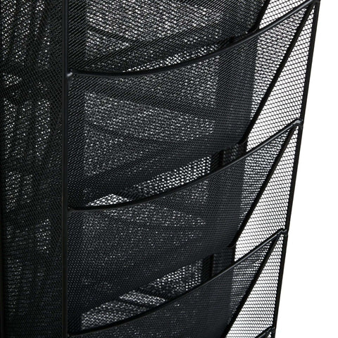 Close-up of Onyx Rotating Mesh Magazine Holder With 30 Pockets Display Rack in black steel, featuring mesh design and scratch-resistant finish.