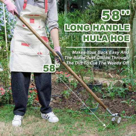 58 Inch Long Reach Stainless Steel Scuffle Hoe For Standing Weeding In Push Pull Motion Stirrup Style With Comfortable Wood Long Handle Ideal For Flower Beds And Between Plants Quick Bending Free Weeding For Garden