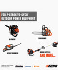 Power Blend Gold Oil Mix 50 To 1 For Two Stroke Engines with outdoor power tools like blowers, chainsaws, trimmers displayed
