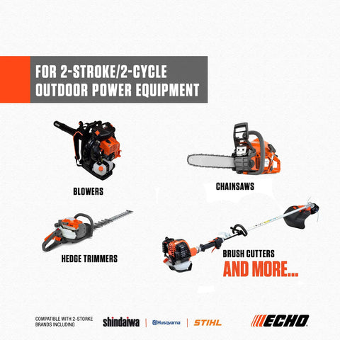 Power Blend Gold Oil Mix 50 To 1 For Two Stroke Engines with outdoor power tools like blowers, chainsaws, trimmers displayed
