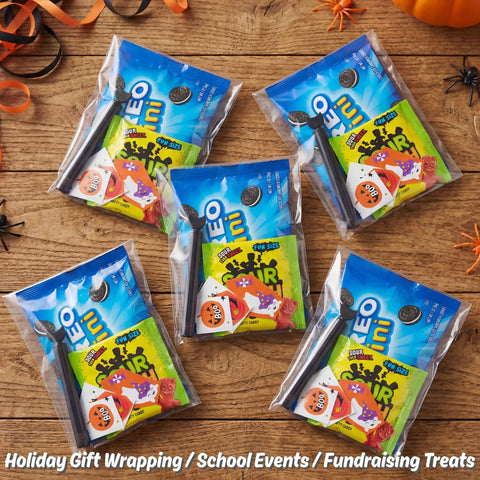 Clear 5x7 Inch Cellophane Bags With Self Sealing Closure For Cookies Candy And Party Favors, showcasing colorful candy packs