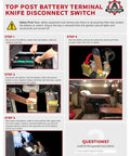 Top Post Battery Terminal Knife Disconnect Switch installation guide showing steps to install the switch on a car battery.