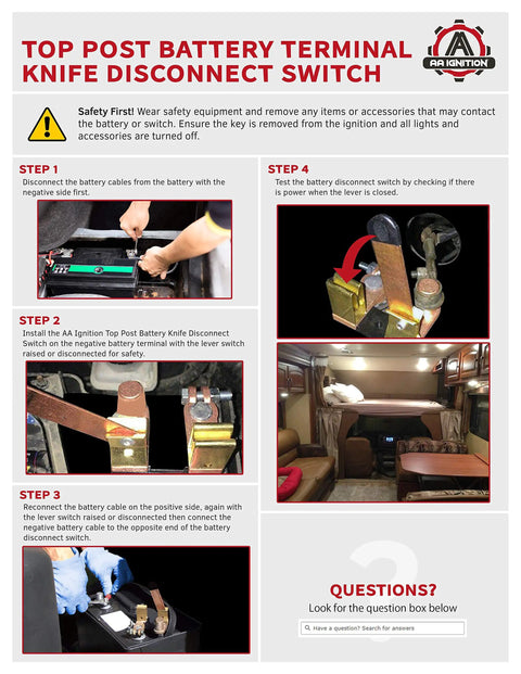 Top Post Battery Terminal Knife Disconnect Switch installation guide showing steps to install the switch on a car battery.