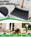 Heavy Duty Broom With Collapsible Handle For Indoor Outdoor Sweeping, Stiff Bristles Tackle Pet Hair Dust And Grime On Wood Or Tile Floors, Gray Real Workhorse Cleaner That Gets It Done, shown in use indoors and outdoors.