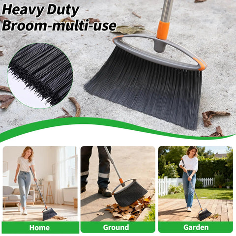 Heavy Duty Broom With Collapsible Handle For Indoor Outdoor Sweeping, Stiff Bristles Tackle Pet Hair Dust And Grime On Wood Or Tile Floors, Gray Real Workhorse Cleaner That Gets It Done, shown in use indoors and outdoors.