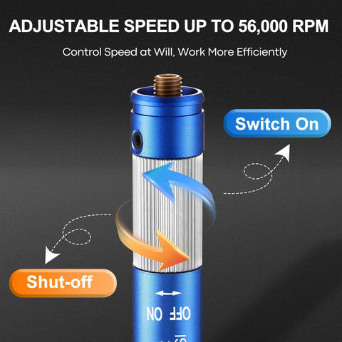 One Eighth Inch Pneumatic Pencil Die Grinder Running Sweet At 56000 Rpm Air Drive with adjustable speed controls.