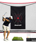 Golfer using Golf Practice Net Set 10x7ft Heavy Duty Net With Mat Target Cloth 6 Balls 8 Tees Rubber Tee And Carry Bag For Backyard Driving Chipping Indoor Outdoor Training