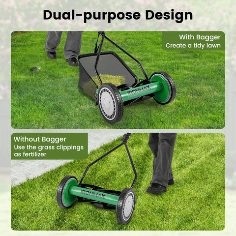 14 Inch Manual Push Reel Lawn Mower With 5 Steel Blades, 7 Gallon Removable Grass Bag, Adjustable Cutting Height From 1.06 To 2 Inches
