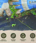 Weed Barrier Fabric Three Point Two Ounce Heavy Duty Ground Cover Four By Two Hundred Feet installed in garden, pinned down.