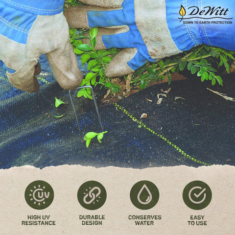 Weed Barrier Fabric Three Point Two Ounce Heavy Duty Ground Cover Four By Two Hundred Feet installed in garden, pinned down.