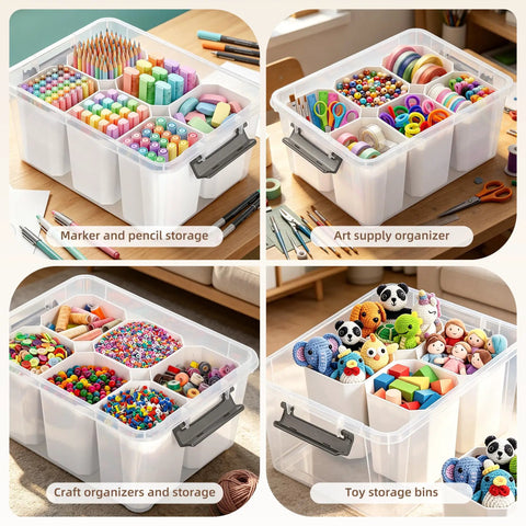 Clear Plastic Storage Bins With Lids 17 Qt Set, Multipurpose Stackable Containers For Organizing Tools, Craft Supplies, Crayons And More In A Handy Box System filled with art supplies and toys.