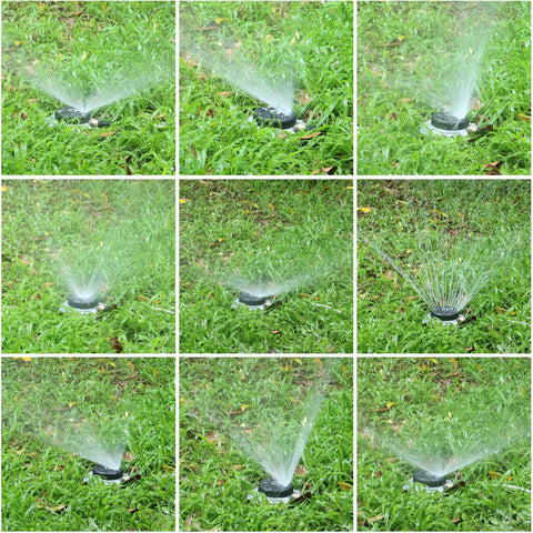 Nine Pattern Turret Lawn Sprinkler With Heavy Duty Metal Base Ideal For Small To Medium Yards And Irregular Shaped Lawns Adjustable Coverage Up To 1022 Sq Ft Garden Sprinkler For Lawns Beds And Corners spraying on grass.