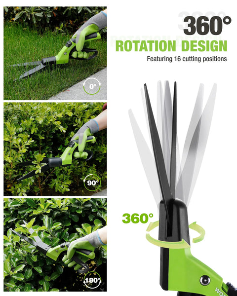 Ultra Sharp 15 Inch Grass Shears With 360 Degree Swivel Blades showing various cutting angles.