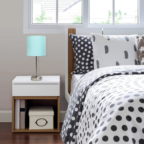 Aqua Desk Lamp In Brushed Steel With Built In Charging Outlet And Drum Fabric Shade on bedroom nightstand