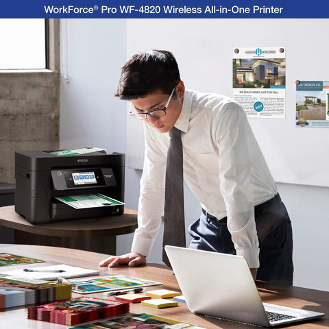 Heavy Duty Wireless Color Inkjet All In One Printer Featuring Precision Core Heat Free Technology And Durabrite Ultra Pigment Ink For Blazing Fast High Volume Home Office Printing That Really Slaps on a desk with documents, in a stylish office.