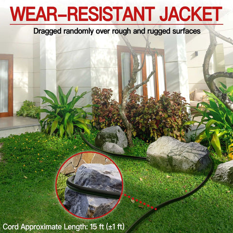 Heavy Duty Outdoor Extension Cord 15 Feet 16 AWG 3 Conductor 13A 125V on lawn with wear-resistant jacket over rocks