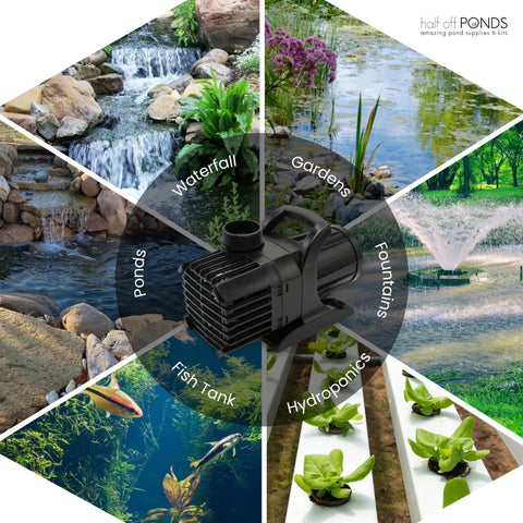 6,100 GPH Submersible Pond Pump With 33 Foot Power Cord And 24 Foot Max Head 354W Ultra Quiet Energy Efficient Workhorse in collage with pond and hydroponics