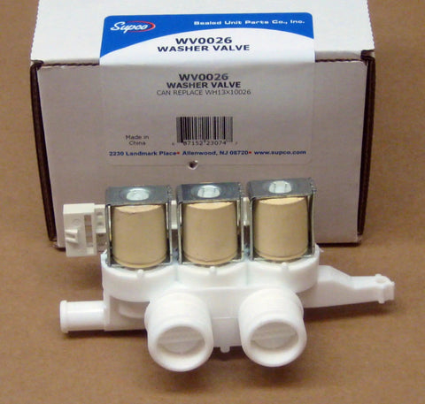 Washer Triple Water Inlet Valve Replacement With 3 Solenoids, direct fit in packaging with replacement label.