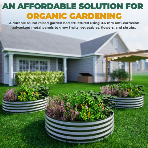 Three galvanized raised garden bed kits with plants in a backyard, showcasing the round design and 2x2x1 ft size.
