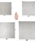 Various sizes of Cast Iron Cleaner And Chainmail Skillet Scrubber, showing 14x14 inch stainless steel chainmail panel with hand for scale.