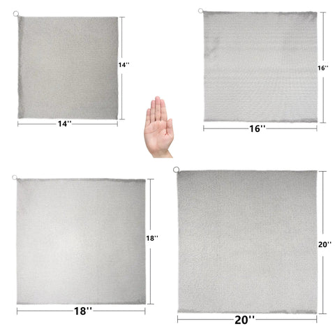 Various sizes of Cast Iron Cleaner And Chainmail Skillet Scrubber, showing 14x14 inch stainless steel chainmail panel with hand for scale.