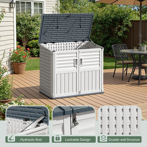 Backyard Resin Storage Shed 34 Cu Ft Waterproof Cabinet With Double Locks Beige Weatherproof Organizer, slanted roof open view