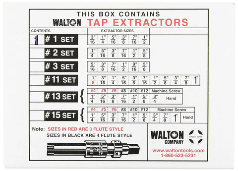Product label showing Walton Tap Extractor Set sizes for broken taps, four flute design, black finish available replacements.