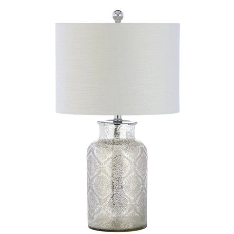 Mercury Silver Trellis Glass Table Lamp With White Linen Shade For Living Room Or Bedroom, Dope Modern Bedside Nightstand Light