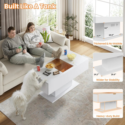 Modern living room with 44 Inch LED Coffee Table With 3 Drawers, LED Lights, USB Charging Station And Flip Top Compartment, white.