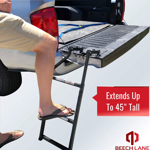 Tailgate Ladder For Pickup Trucks Universal Fit, Easy Install With Stainless Steel Self Drilling Screws, Durable Aluminum Step Grip Plates, And Sturdy Rubber Ladder Feet For Safe Bed Access, extends to 45 inches