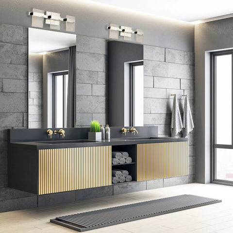 Modern bathroom with Madrona Collection LED Vanity Light 14.75 Inches Black Finish 20W Integrated LED Equivalent to 100W Incandescent
