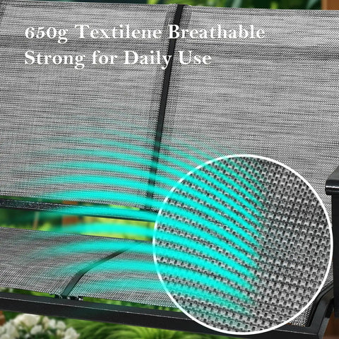 Close-up of 650g Textilene breathable material on a 3-seat swing, featuring woven texture detail; strong for outdoor use.