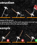Instructions for using 12 Pack 8 Inch Heavy Duty Screw In Tent Stakes Glow In The Dark Ground Anchors with drill angle and depth guide.
