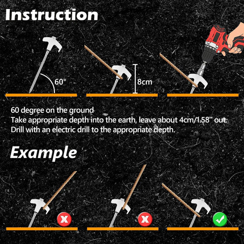 Instructions for using 12 Pack 8 Inch Heavy Duty Screw In Tent Stakes Glow In The Dark Ground Anchors with drill angle and depth guide.