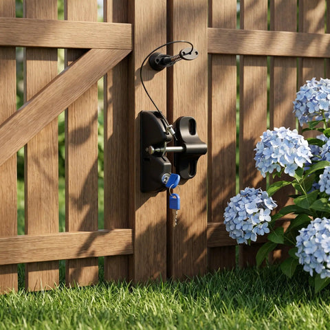 INOOMP 1Set Gate Lock for Outdoor Fence, 2-Sided Self-Locking Latch w Key mounted on a wooden fence with a key and flowers.