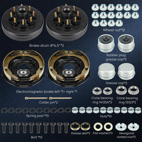 Youxmoto trailer drum brake kit with two 12x2 in, 8-hole drums for 6.5 in bolt circle