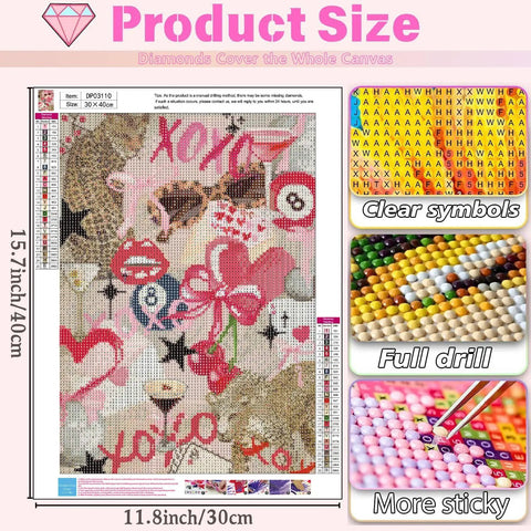 5D Diamond Art Kit For Adults Newbies With Tools Diamond Painting Set Girly Pink Bow And Cheetah Pattern Full Round Drill DIY Wall Decor Gift 12 By 16 Inch showing product size guide, drill details, and symbols chart.